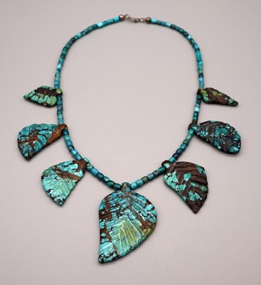 Sarah Leekya (d. 2017) Turquoise Zuni Leekya Leaf Necklace