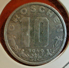 World Coin Sale--1949 Austria 10 Groschen-Zinc Composition Coin-KM# 2874