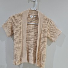 GAP Kids Open-Knit Fringe Short Sleeve Cardigan Sweater Beige S 6-7 