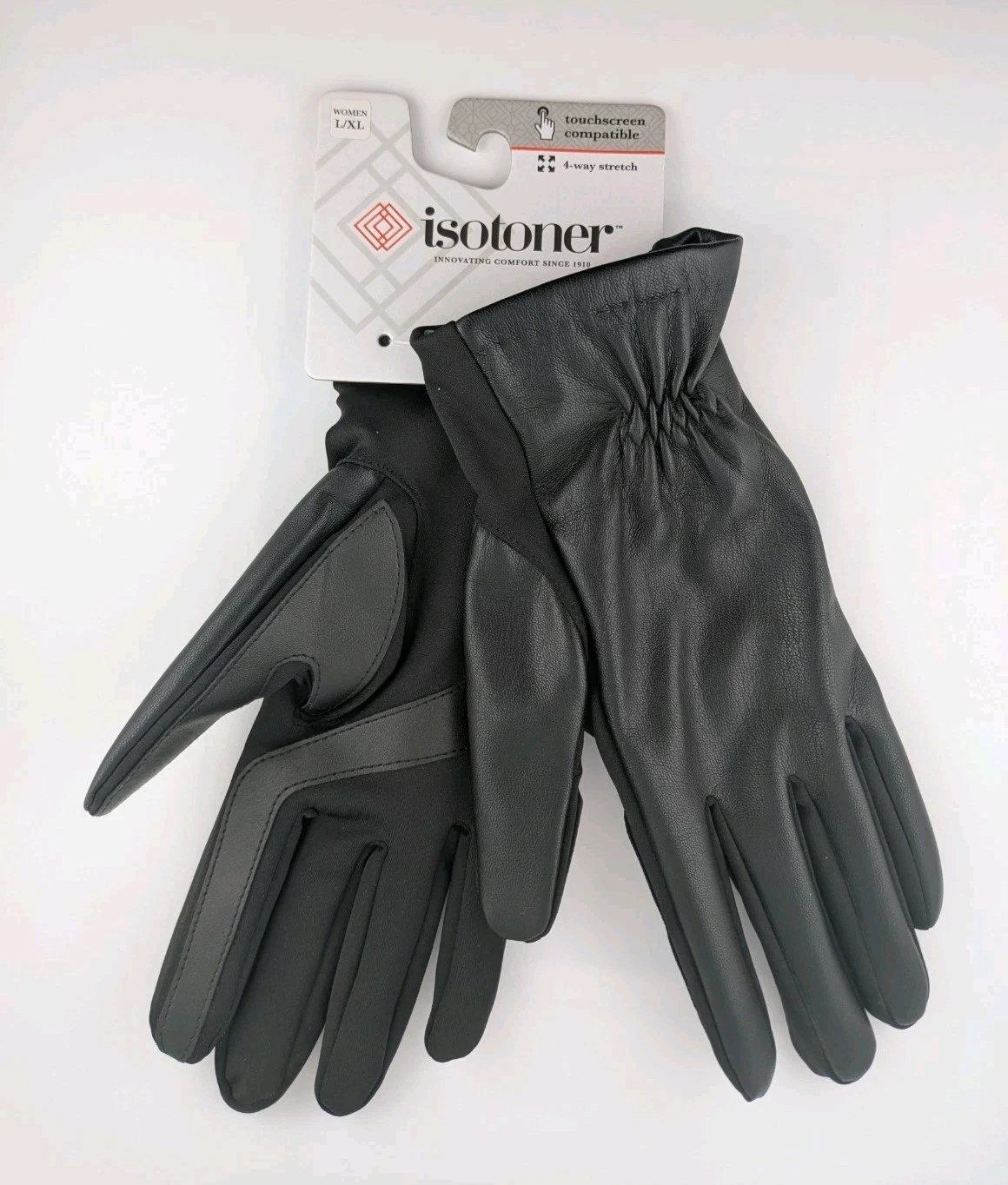 NWT L/XL Black Isotoner Women's 4-Way Stretch Touchscreen Gloves Faux Leather