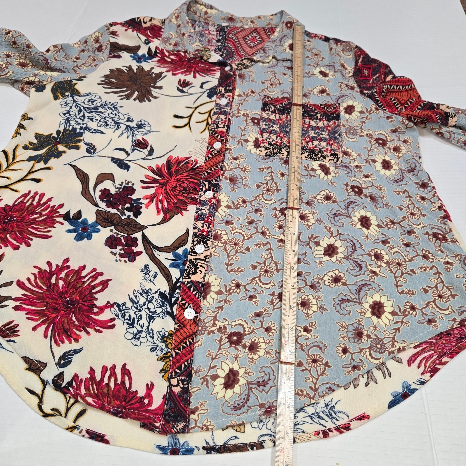 Boho Patchwork Floral Button Down Shirt L Mixed P… - image 5