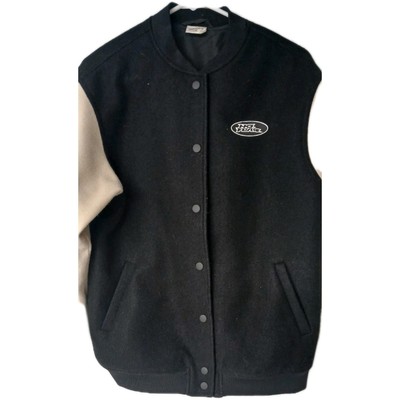H&M No Fear Collab Black Off White Varsity Bomber Jacket Buttons Men's Sz XL
