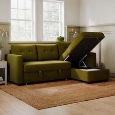 Barker - Velvet Trundle Corner Chaise Sofa Bed - Olive Green - £699 RRP/ 65% OFF