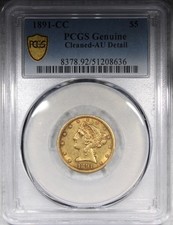 1891-CC $5 Gold Liberty Half Eagle PCGS AU Details Cleaned