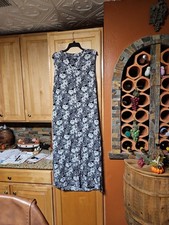 Talbots Black White Floral Button Up Sleeveless V-Neck Maxi Dress Pockets 16