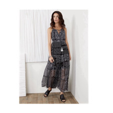 Karen Kane Maxi Dress Chiffon Patchwork V-Neck Black/White L 2L54181