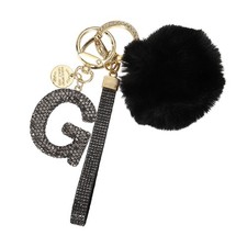 Initial Letter g Keychain with Pom and Rhinestone Wristlet, Grey