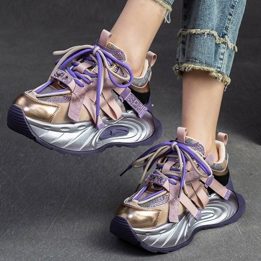 SAOLA Stivaletti donna suola spessa glitter vera pelle grossi sneaker creepers nuovi