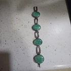 vintage Sterling .925 Oval Green Glass Link Bracelet Bezel Spring Ring Closure