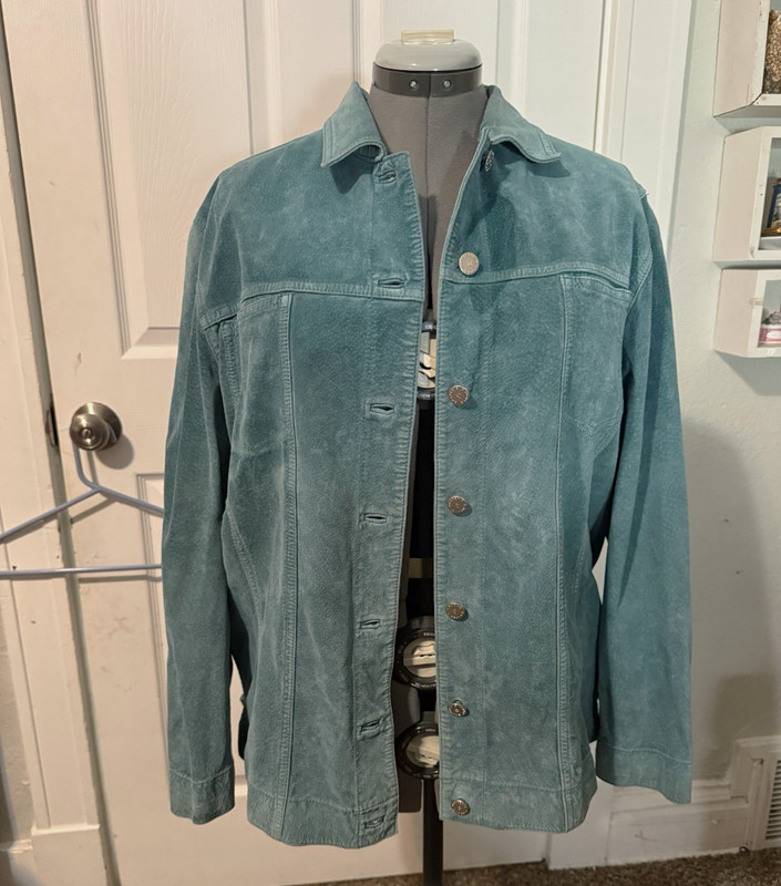 Draper's & Damon's Womens Blue Leather Jacket XL Button Front Collared Long