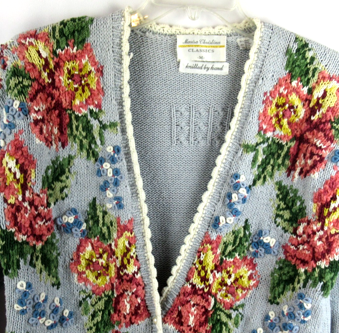 Vintage MARISA CHRISTINA Hand Knit Floral Cardigan Sweater Womens