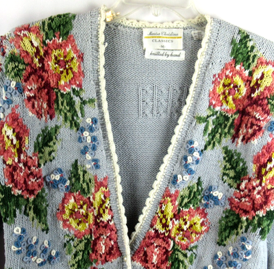 Vintage MARISA CHRISTINA Hand Knit Floral Cardigan Sweater Womens