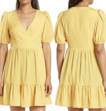 Eliza J Size 4 Yellow Surplice Neck Puff Sleeve Fit & Flare Dress Msrp $138.00