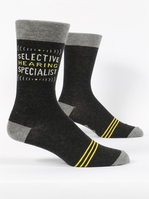 Blue Q Mens Crew Socks Selective Hearing Specialist Size 7-12 Black and Yellow