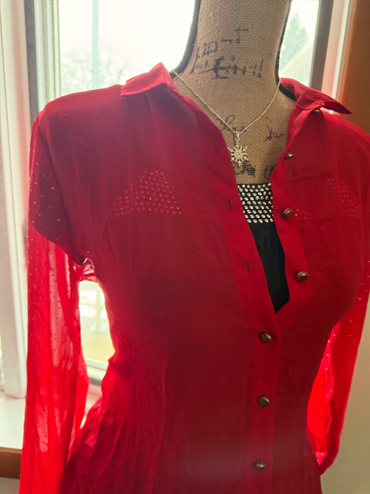 Notations Sheer, Red Studded Button-Up Blouse,  S… - image 11