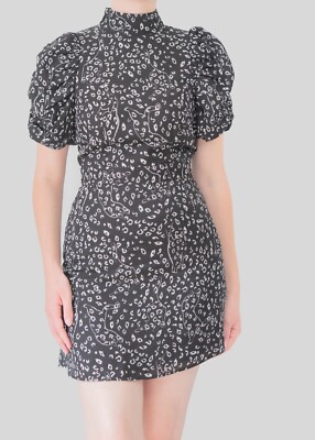 Ted Baker Raayy Cat Print Mini Puffärmel Kleid | Größe 0 | UK 6 | Neu