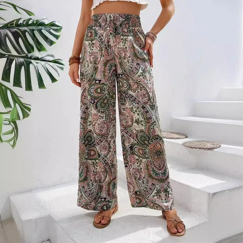 Damen Sommer Mode Blume Elastische Taille Weites Bein Hose- - Bild 3 von 29