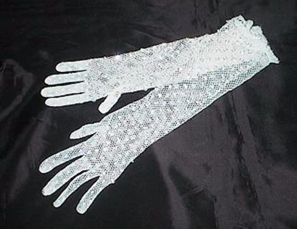 Damas Cuentas y Lentejuelas Blanco Elástico Red GUANTES Formales, Novia - 1 Par Foto 2 de 2