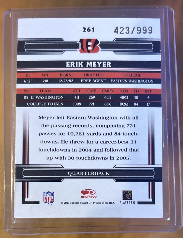 2006 Donruss Threads Erik Meyer Rookie Autograph #423/999 Cincinnati Bengals RC - Image 2 of 2