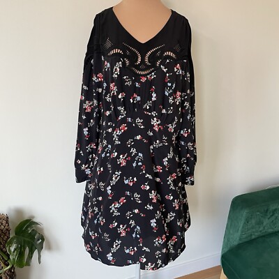 Tanya Taylor Black Silk Floral Clusters Empire Waist Long Sleeve Nyla Dress 18