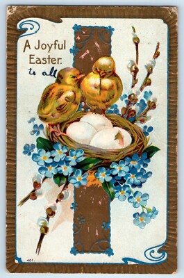 c1910's Easter Holy Cross Little Chicks Eggs Nest Flowers Ethel MO Postcard