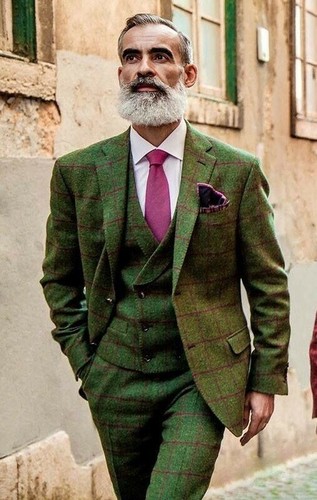 Olive Green Wool Blend Men Tweed Suit 