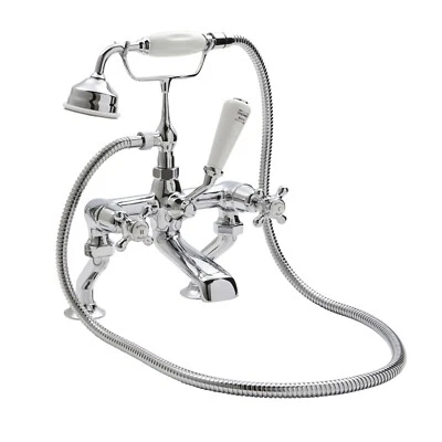 Hudson Reed White Topaz Crosshead Handle Bath Shower Mixer Tap Handset & Hose