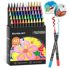 Shuttle Art 60 Colors Dual Tip Acrylic Paint Markers Brush Tip and Fine Tip A...