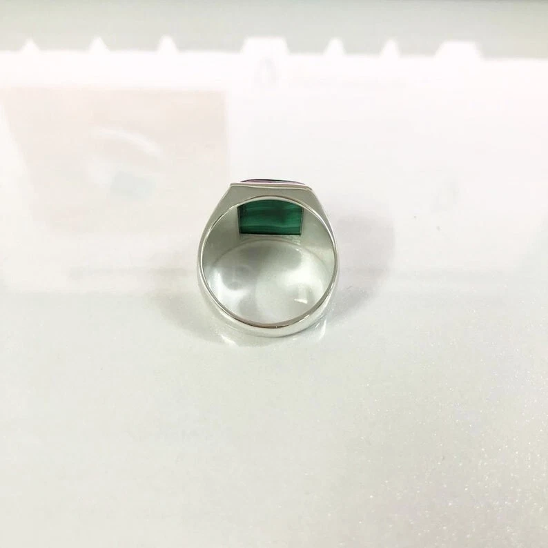 Anillo de plata de ley 925 con sello de malaquita natural para hombre regalo para él Foto 4 de 4