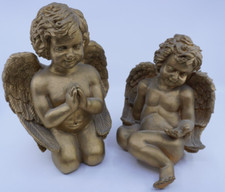 Set of 2 Gold Cherub Heavy Statues Garden 10 Inch