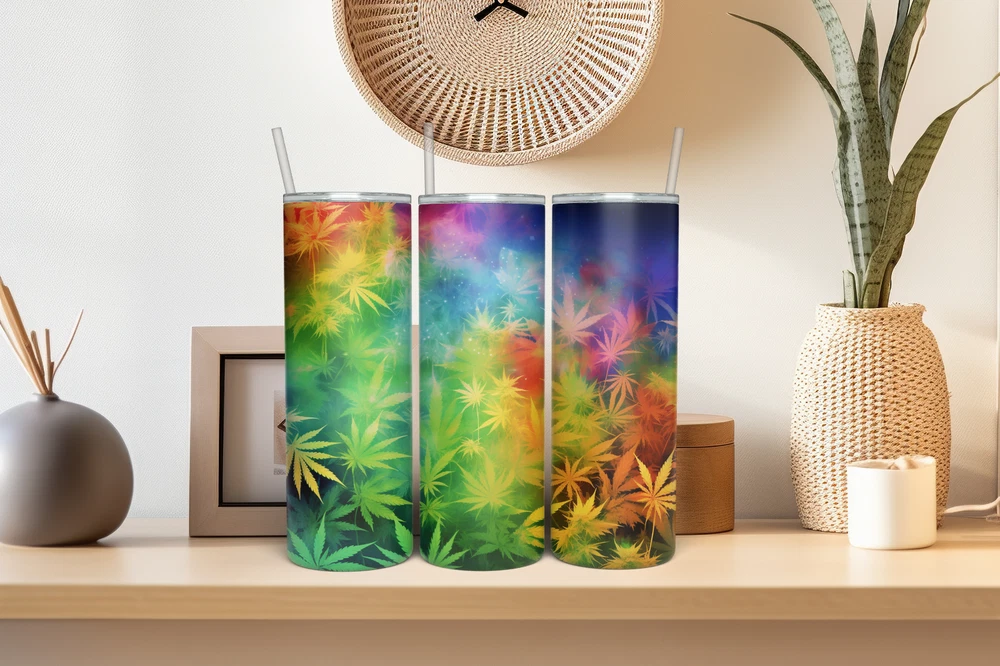 Tumbler Skinny 20oz  w/ Lid & Straw  Weed Leaf Cannabis Marijuana 420