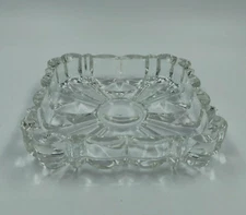 Vintage Ashtray Clear Cut Glass Square Detailed Design 5" Tobacciana