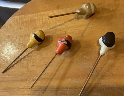 (4) Vintage Wood Picks Clay Heads/Bubble Faces Cocktail Toothpicks Skewers - Picture 8 of 9