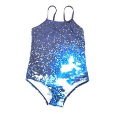Girls One Piece Swimsuit Size Large 9/10 Cosmic Blue Print w/ Adjustable Straps