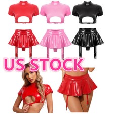 Women's Leather Lingerie Cutout Crop Top with Bodycon Mini Skirt Rave Outfits