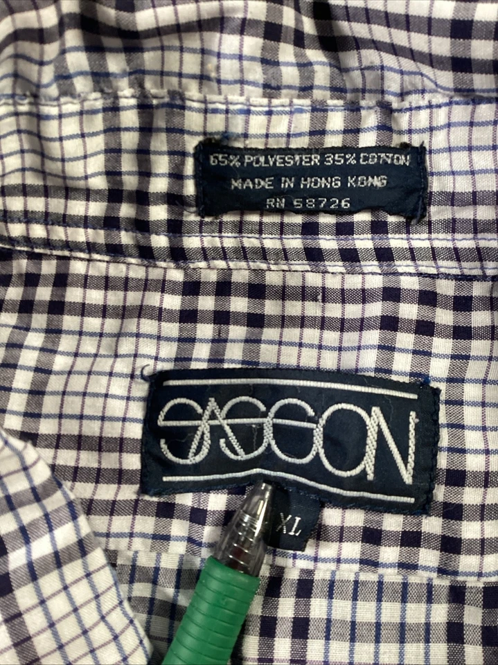 Sasson Mens Button Shirt Extra Large Plaid Black Blue White Button Vintage - Image 3 of 4