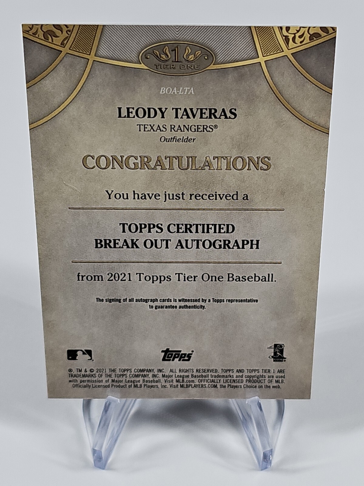 Leody Taveras 286/300 RC Rookie Autograph 2021 Topps Tier One Break Out Rangers - Picture 8 of 8