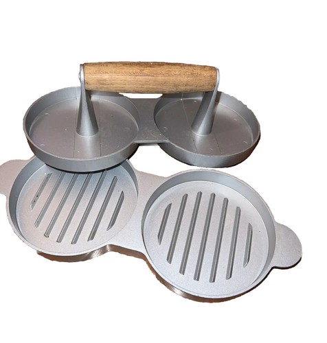 Williams Sonoma Double Burger Press Grill Wood Handle NEW Hamburger