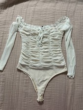 Forever 21 Women s Ruched Cream Sheer Off The Shoulder Bodysuit Long Sleeve M