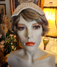 Vintage 1940s 50s Ladies Wedding Cap Hat Ivory Ecru Ribbon Sequins Mid Century