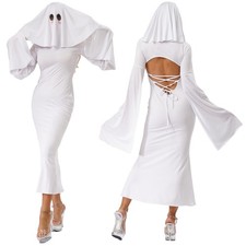Womens White Ghost Spooky Poncho Cosplay Lace-up Dress Halloween Ghost Costume