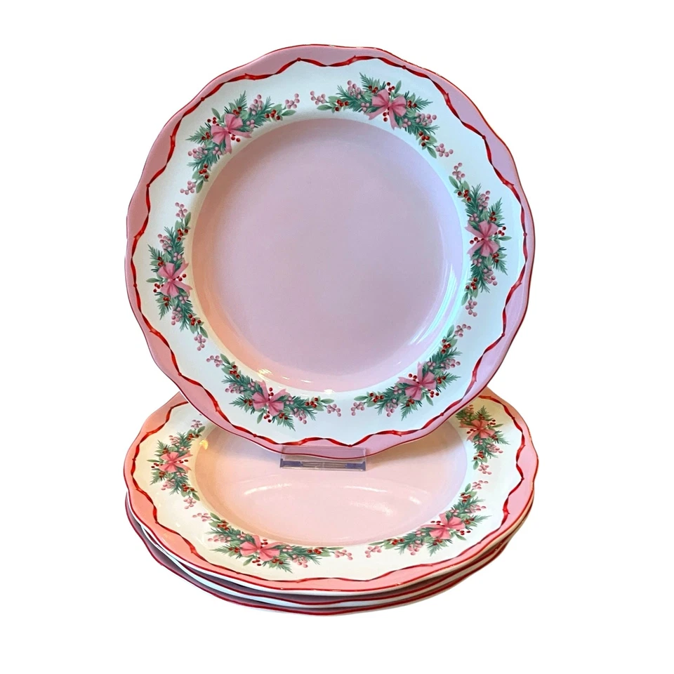 4 Platos de Cena ROSA NAVIDAD Arcos Rosa Árbol de Navidad Acebo 11" Porcelana 222 Quinto Foto 2 de 4