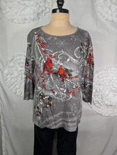 Collections Etc. Sequin Cardinal Shirt 3/4 Sleeve Women Large Holiday Christmas
