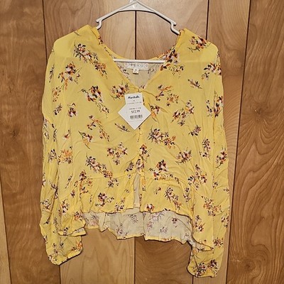 Hippie Rose Yellow Floral Ruffle Button V-Neck Long Sleeve Blouse XL