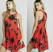 Free People Red Floral Chiffon Like High Neck Sleeveless Dress Size 6