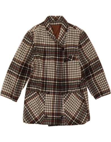 VINTAGE Womens Double Breasted Coat UK 14 Medium Brown Check Wool DG43