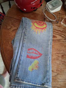MENS LEVI'S 501 DISTRESSED HIPPIE LOVE PEACE GROOVY GRAPHIC DENIM JEANS SZ 34X32
