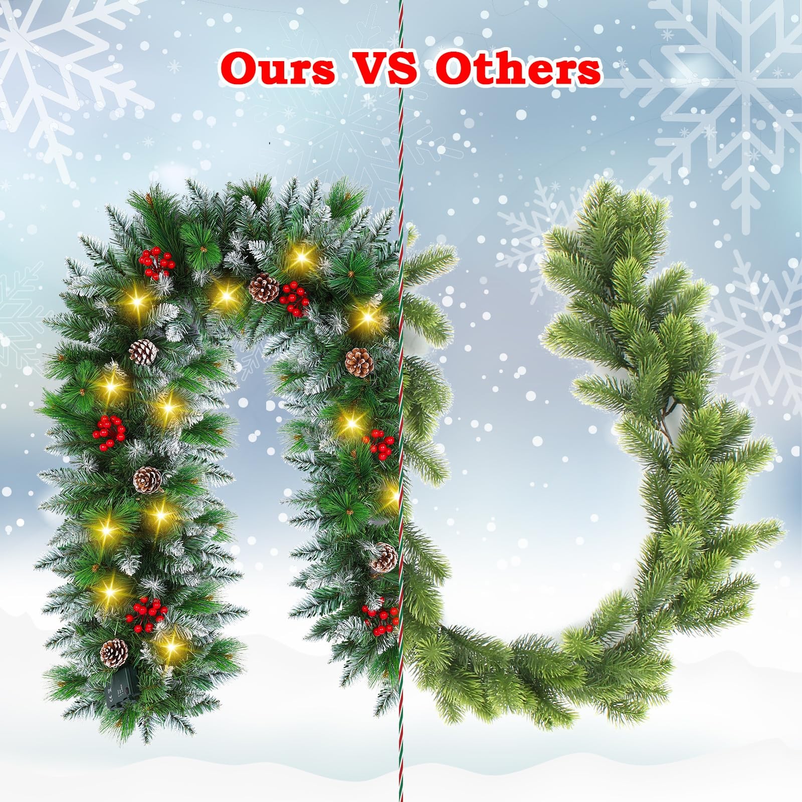 9FT Pre-Lit Christmas Garland with 30 LED Lights Pine Cones Red Berries Decor