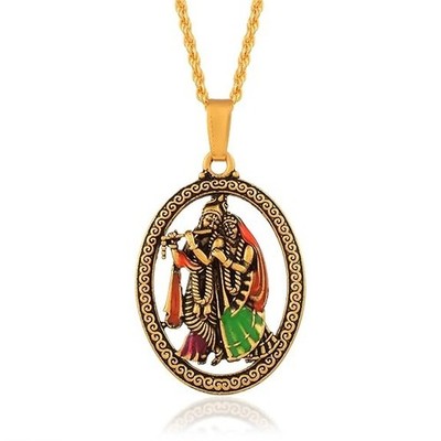 Gold Plated Brass Hindu God Radha Krishna Pendant Locket with Chain