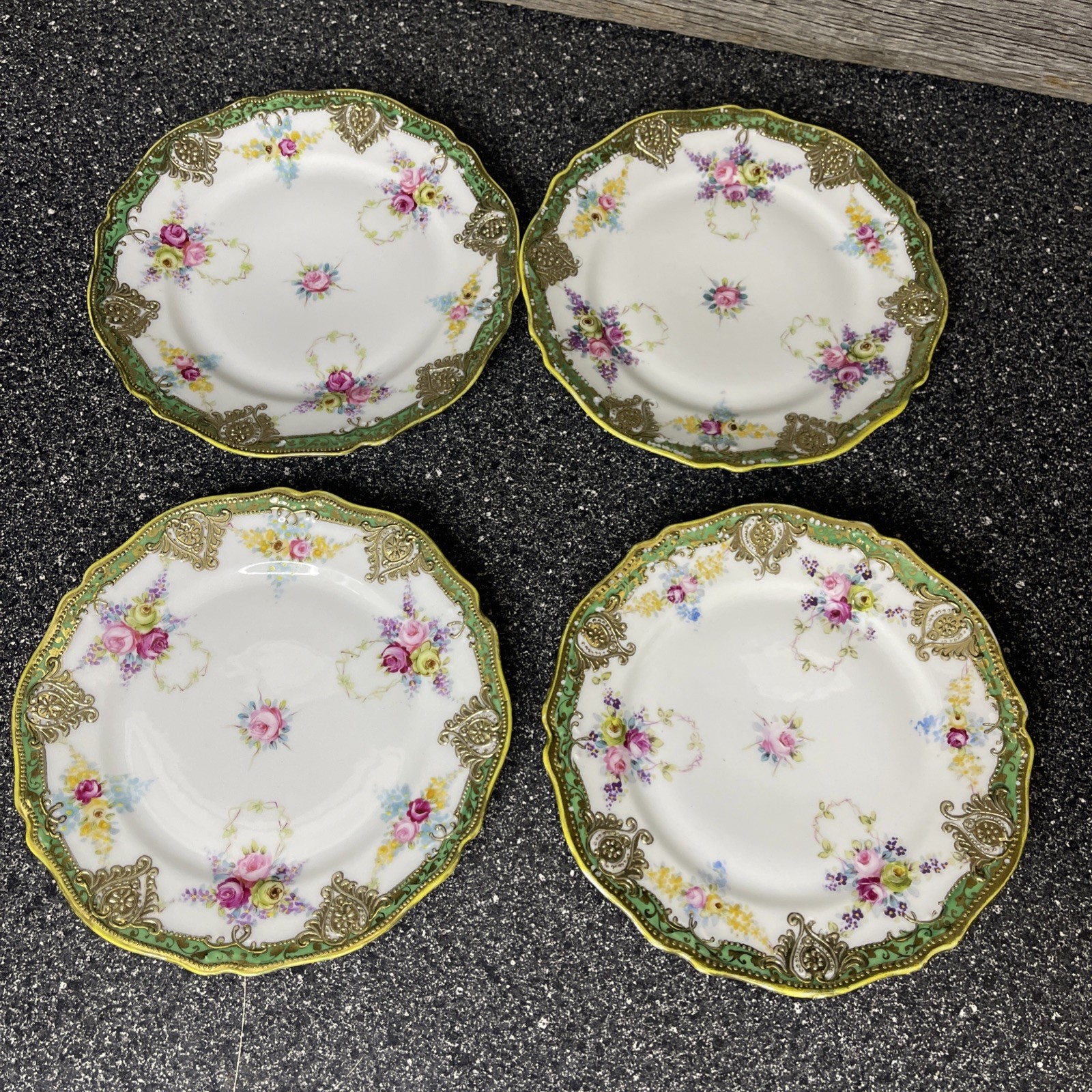 NIPPON / Noritake Green & GOLD 6” Plates Multi-colored Flowers Hand ...